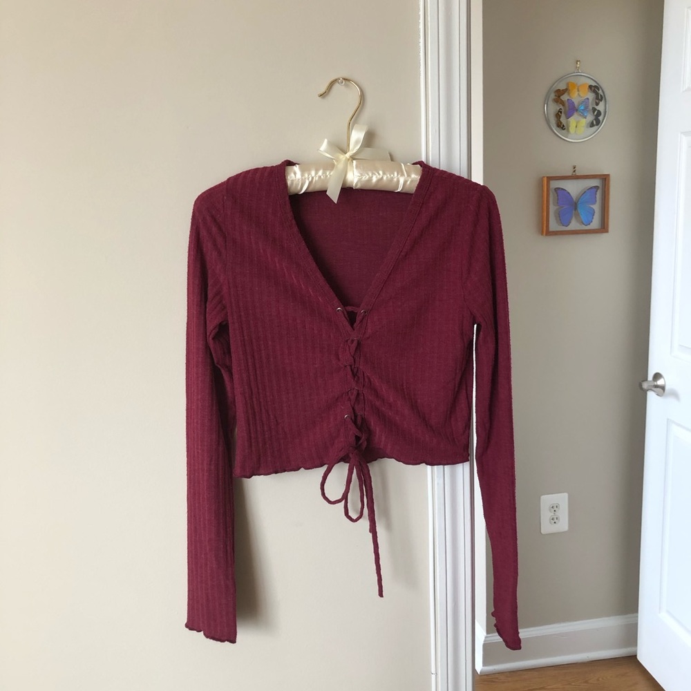LA Hearts Burgundy Lace Up Crop Top